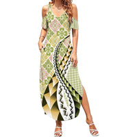 Aloha Vintage Palaka Floral Hawaiian Quilt Summer Maxi Dress Omaomao Motif - Polynesian Pride