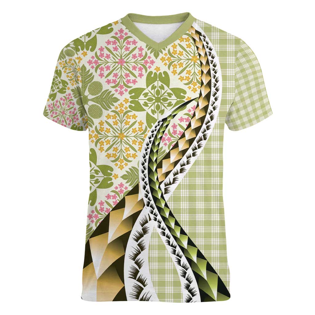 Aloha Vintage Palaka Floral Hawaiian Quilt Women V-Neck T-Shirt Omaomao Motif - Polynesian Pride