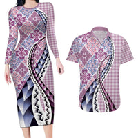 Aloha Vintage Palaka Floral Hawaiian Quilt Couples Matching Long Sleeve Bodycon Dress and Hawaiian Shirt Akala Motif - Polynesian Pride