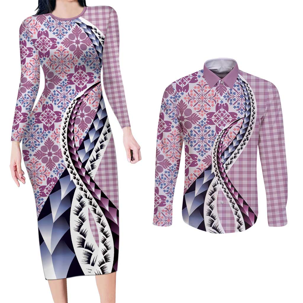 Aloha Vintage Palaka Floral Hawaiian Quilt Couples Matching Long Sleeve Bodycon Dress and Long Sleeve Button Shirt Akala Motif - Polynesian Pride