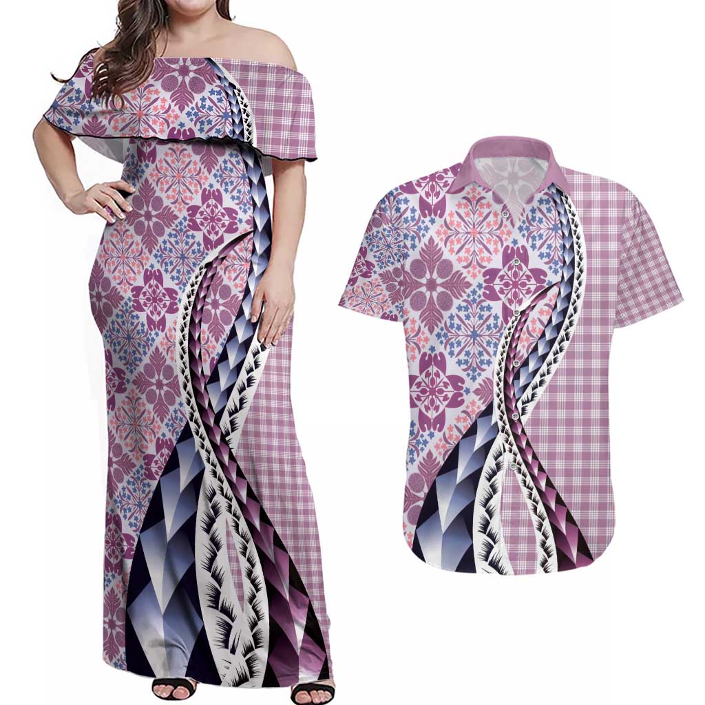 Aloha Vintage Palaka Floral Hawaiian Quilt Couples Matching Off Shoulder Maxi Dress and Hawaiian Shirt Akala Motif - Polynesian Pride