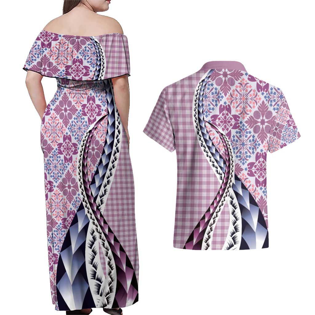 Aloha Vintage Palaka Floral Hawaiian Quilt Couples Matching Off Shoulder Maxi Dress and Hawaiian Shirt Akala Motif - Polynesian Pride