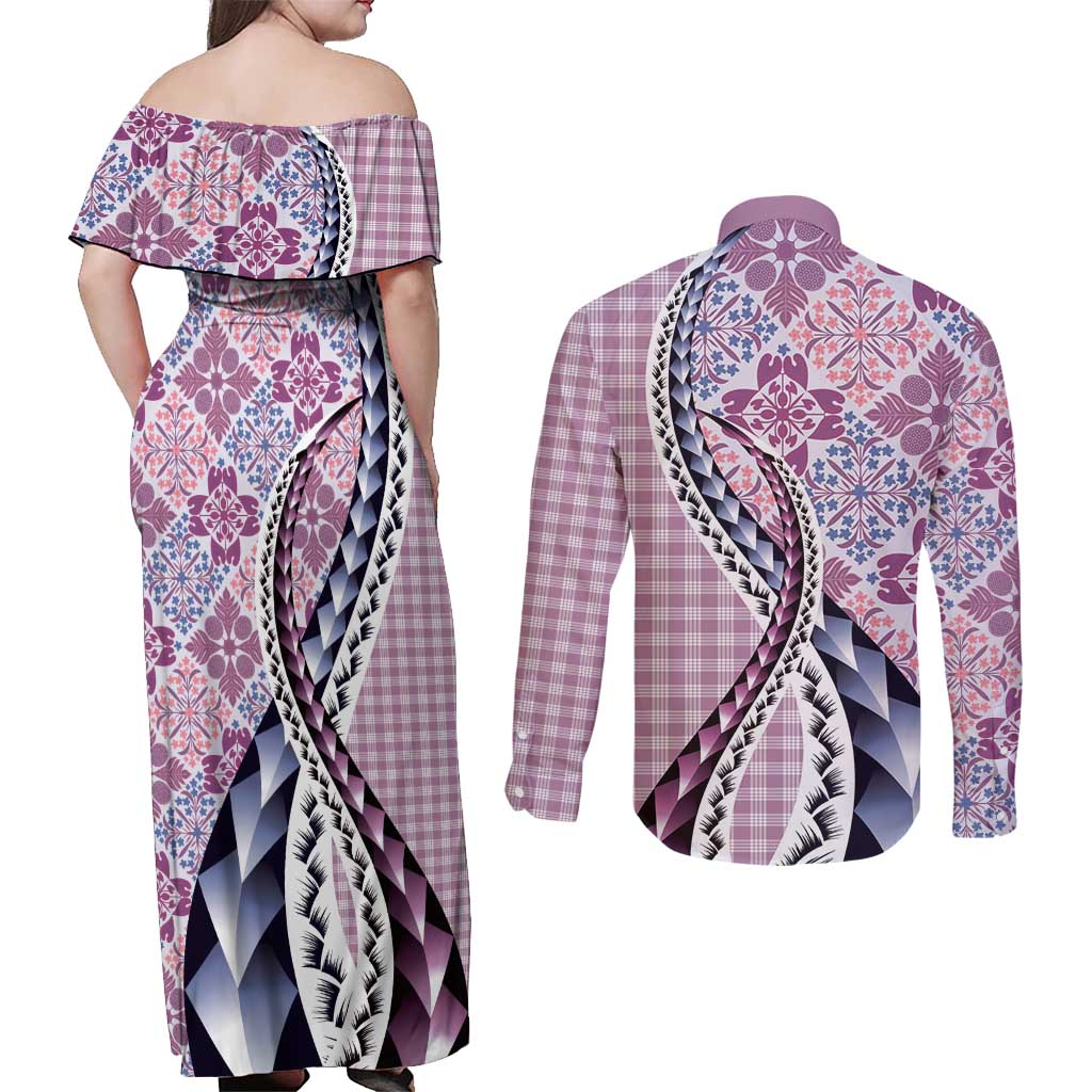 Aloha Vintage Palaka Floral Hawaiian Quilt Couples Matching Off Shoulder Maxi Dress and Long Sleeve Button Shirt Akala Motif - Polynesian Pride