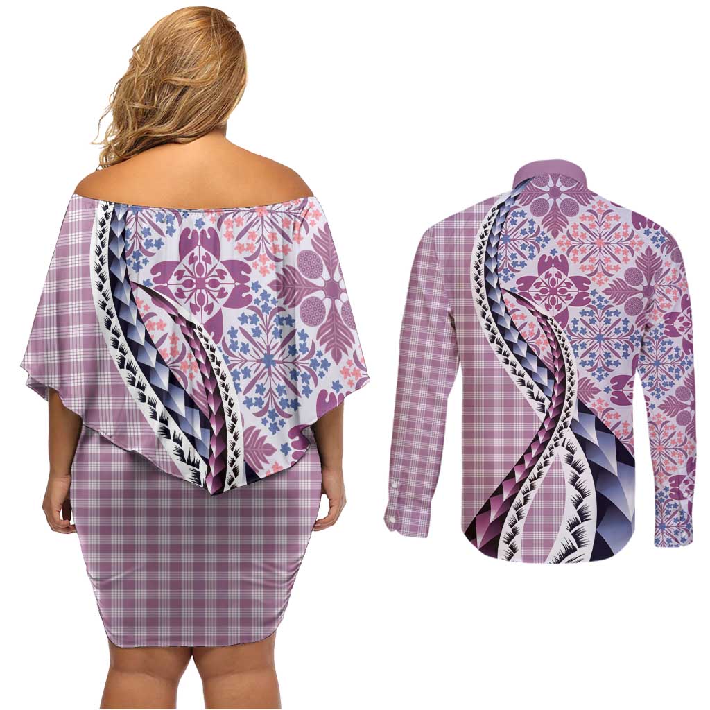 Aloha Vintage Palaka Floral Hawaiian Quilt Couples Matching Off Shoulder Short Dress and Long Sleeve Button Shirt Akala Motif - Polynesian Pride