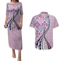 Aloha Vintage Palaka Floral Hawaiian Quilt Couples Matching Puletasi and Hawaiian Shirt Akala Motif - Polynesian Pride