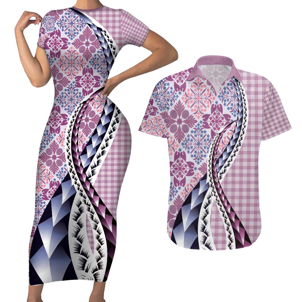 Aloha Vintage Palaka Floral Hawaiian Quilt Couples Matching Short Sleeve Bodycon Dress and Hawaiian Shirt Akala Motif - Polynesian Pride