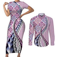 Aloha Vintage Palaka Floral Hawaiian Quilt Couples Matching Short Sleeve Bodycon Dress and Long Sleeve Button Shirt Akala Motif - Polynesian Pride