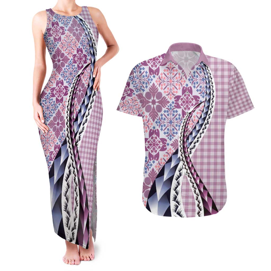 Aloha Vintage Palaka Floral Hawaiian Quilt Couples Matching Tank Maxi Dress and Hawaiian Shirt Akala Motif - Polynesian Pride