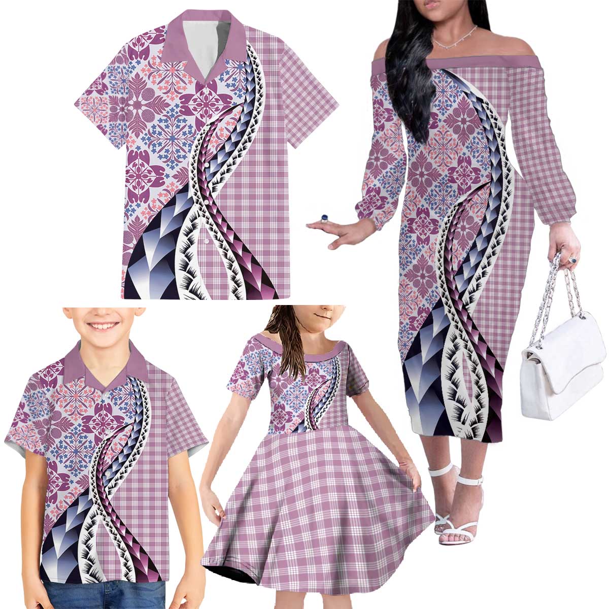 Aloha Vintage Palaka Floral Hawaiian Quilt Family Matching Off The Shoulder Long Sleeve Dress and Hawaiian Shirt Akala Motif - Polynesian Pride