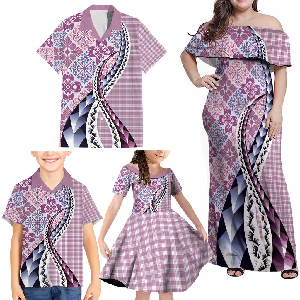 Aloha Vintage Palaka Floral Hawaiian Quilt Family Matching Off Shoulder Maxi Dress and Hawaiian Shirt Akala Motif - Polynesian Pride