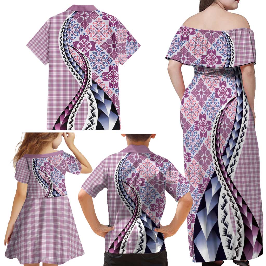 Aloha Vintage Palaka Floral Hawaiian Quilt Family Matching Off Shoulder Maxi Dress and Hawaiian Shirt Akala Motif - Polynesian Pride