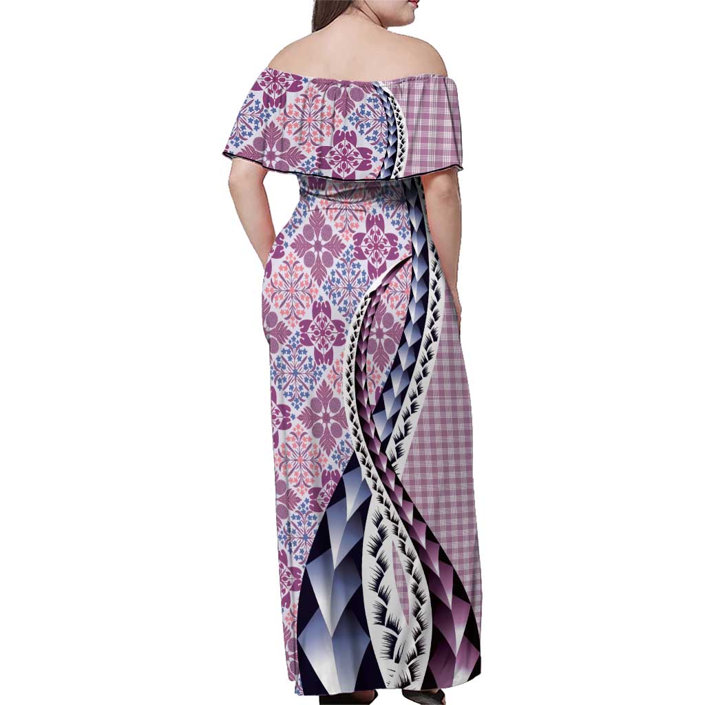 Aloha Vintage Palaka Floral Hawaiian Quilt Family Matching Off Shoulder Maxi Dress and Hawaiian Shirt Akala Motif - Polynesian Pride