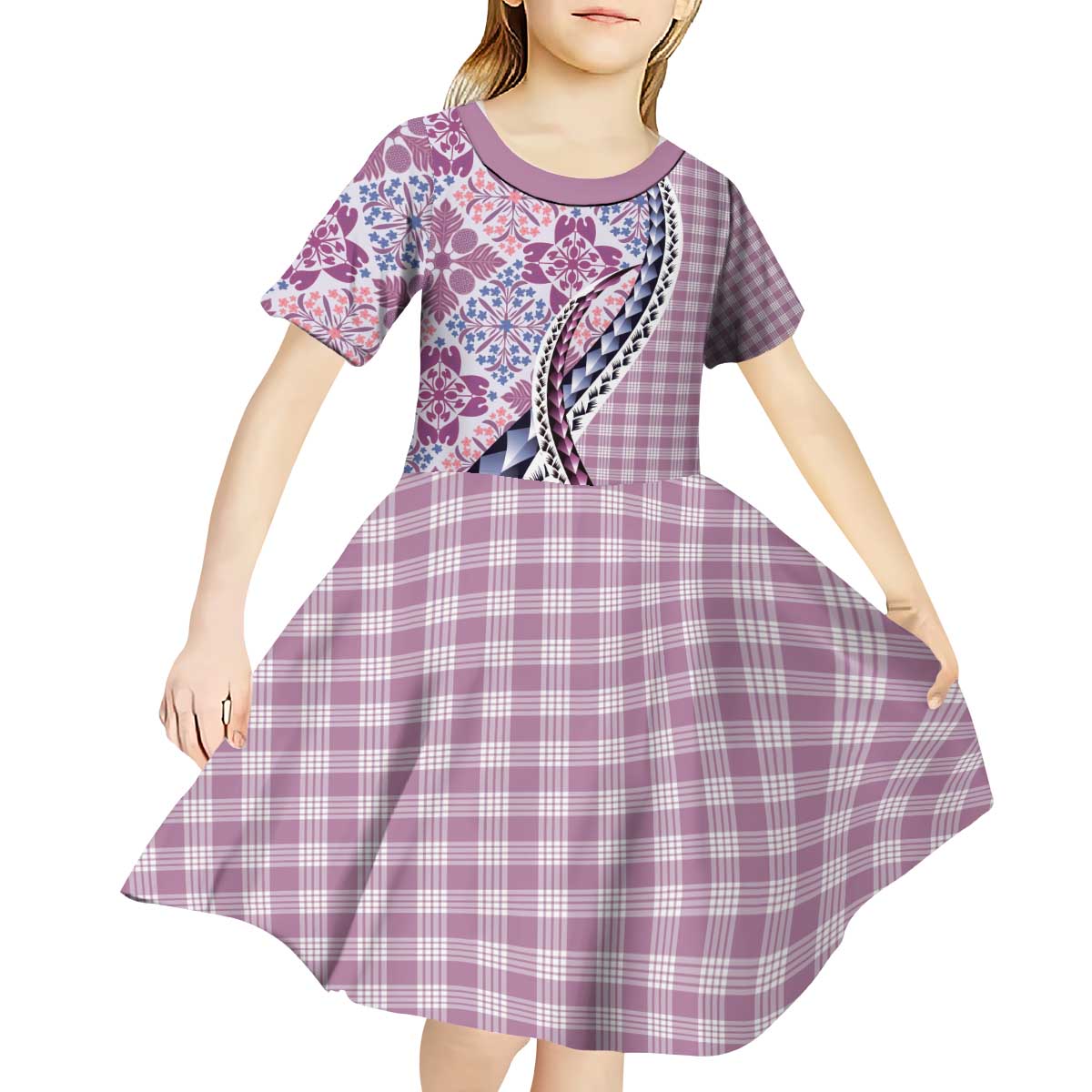 Aloha Vintage Palaka Floral Hawaiian Quilt Kid Short Sleeve Dress Akala Motif - Polynesian Pride