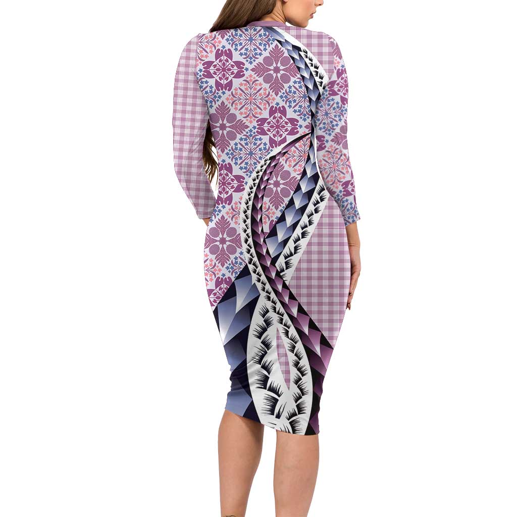 Aloha Vintage Palaka Floral Hawaiian Quilt Long Sleeve Bodycon Dress Akala Motif - Polynesian Pride