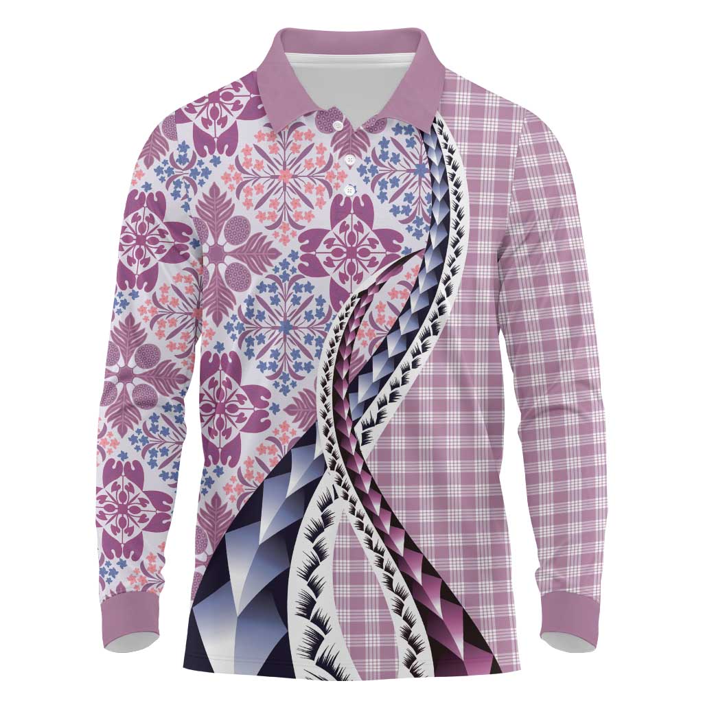 Aloha Vintage Palaka Floral Hawaiian Quilt Long Sleeve Polo Shirt Akala Motif - Polynesian Pride