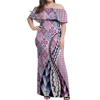 Aloha Vintage Palaka Floral Hawaiian Quilt Off Shoulder Maxi Dress Akala Motif - Polynesian Pride