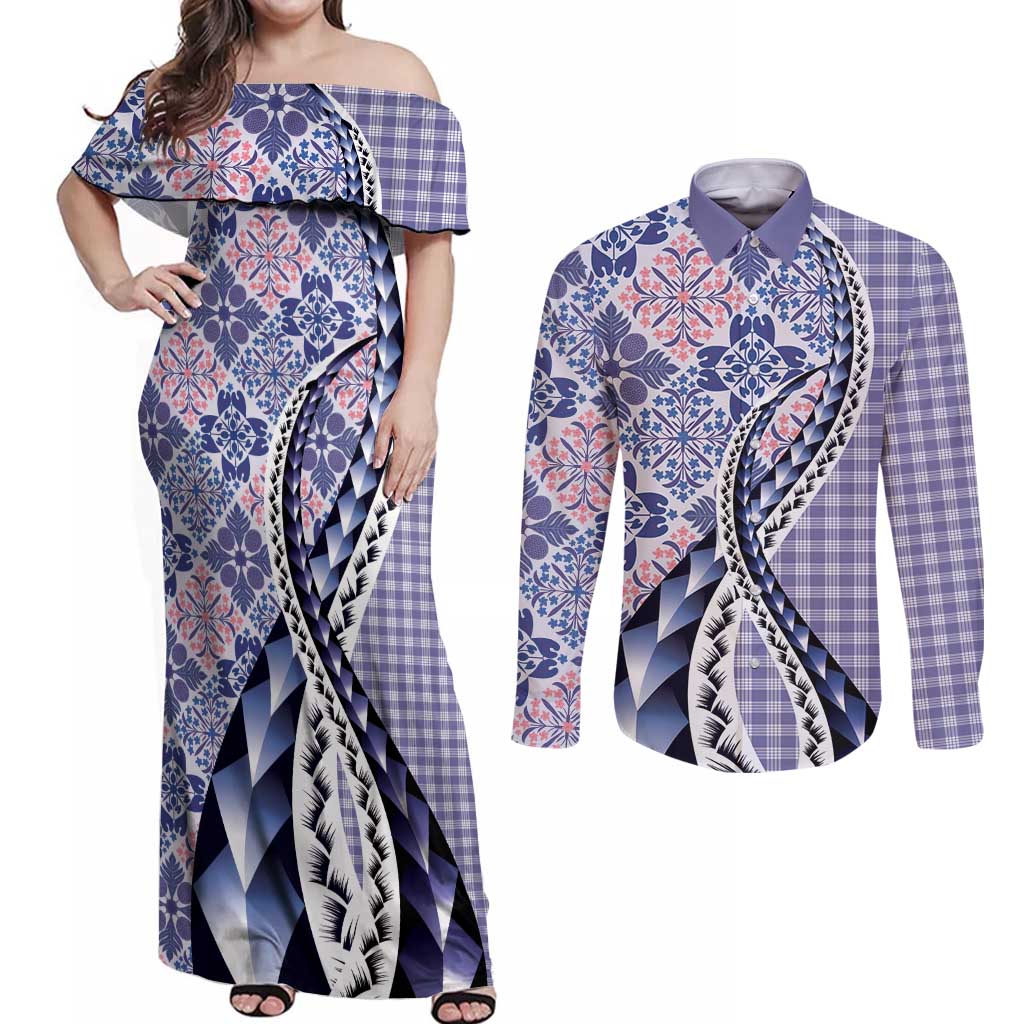 Aloha Vintage Palaka Floral Hawaiian Quilt Couples Matching Off Shoulder Maxi Dress and Long Sleeve Button Shirt Poni Motif - Polynesian Pride