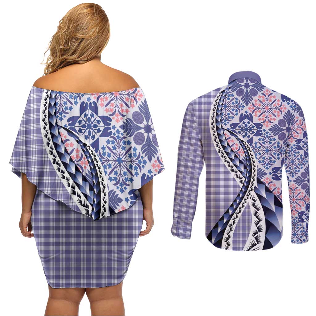 Aloha Vintage Palaka Floral Hawaiian Quilt Couples Matching Off Shoulder Short Dress and Long Sleeve Button Shirt Poni Motif - Polynesian Pride