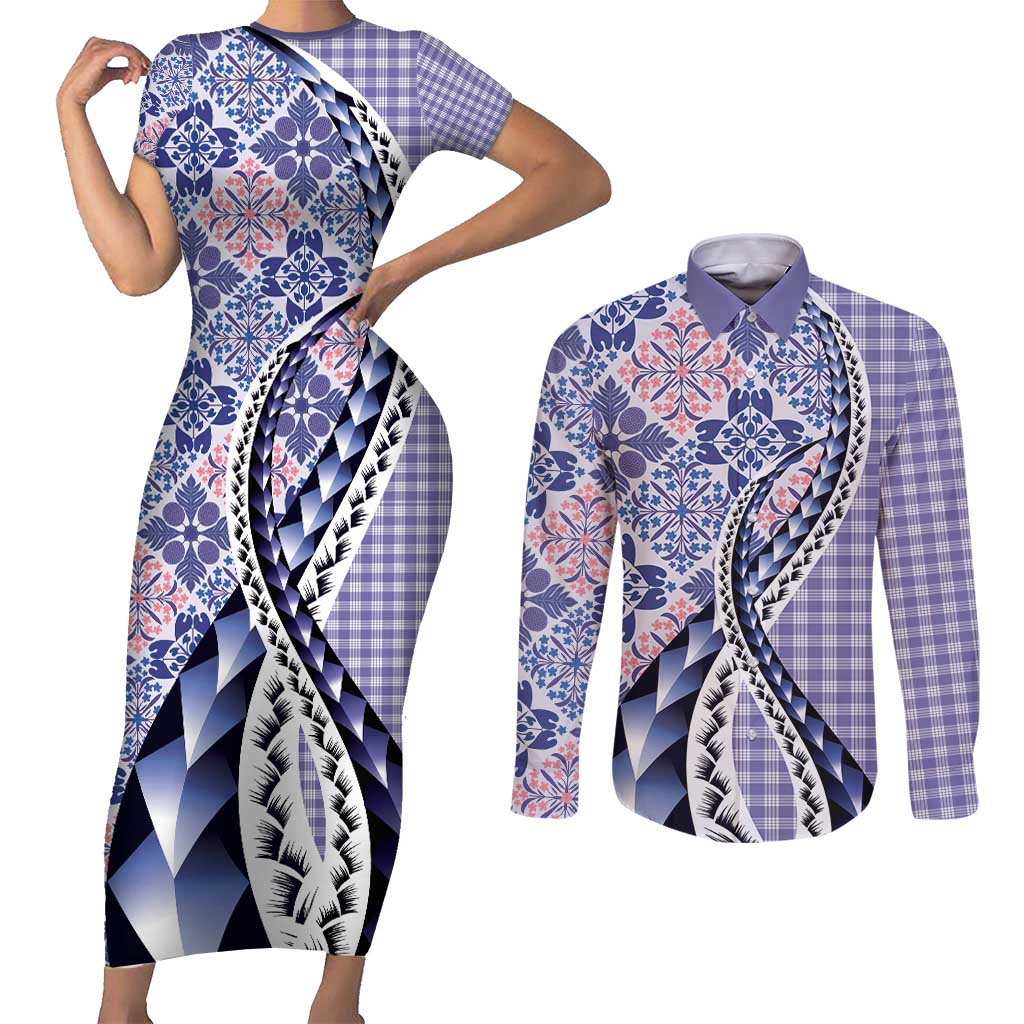 Aloha Vintage Palaka Floral Hawaiian Quilt Couples Matching Short Sleeve Bodycon Dress and Long Sleeve Button Shirt Poni Motif - Polynesian Pride