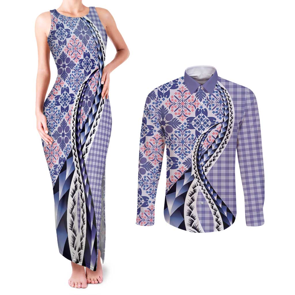 Aloha Vintage Palaka Floral Hawaiian Quilt Couples Matching Tank Maxi Dress and Long Sleeve Button Shirt Poni Motif - Polynesian Pride