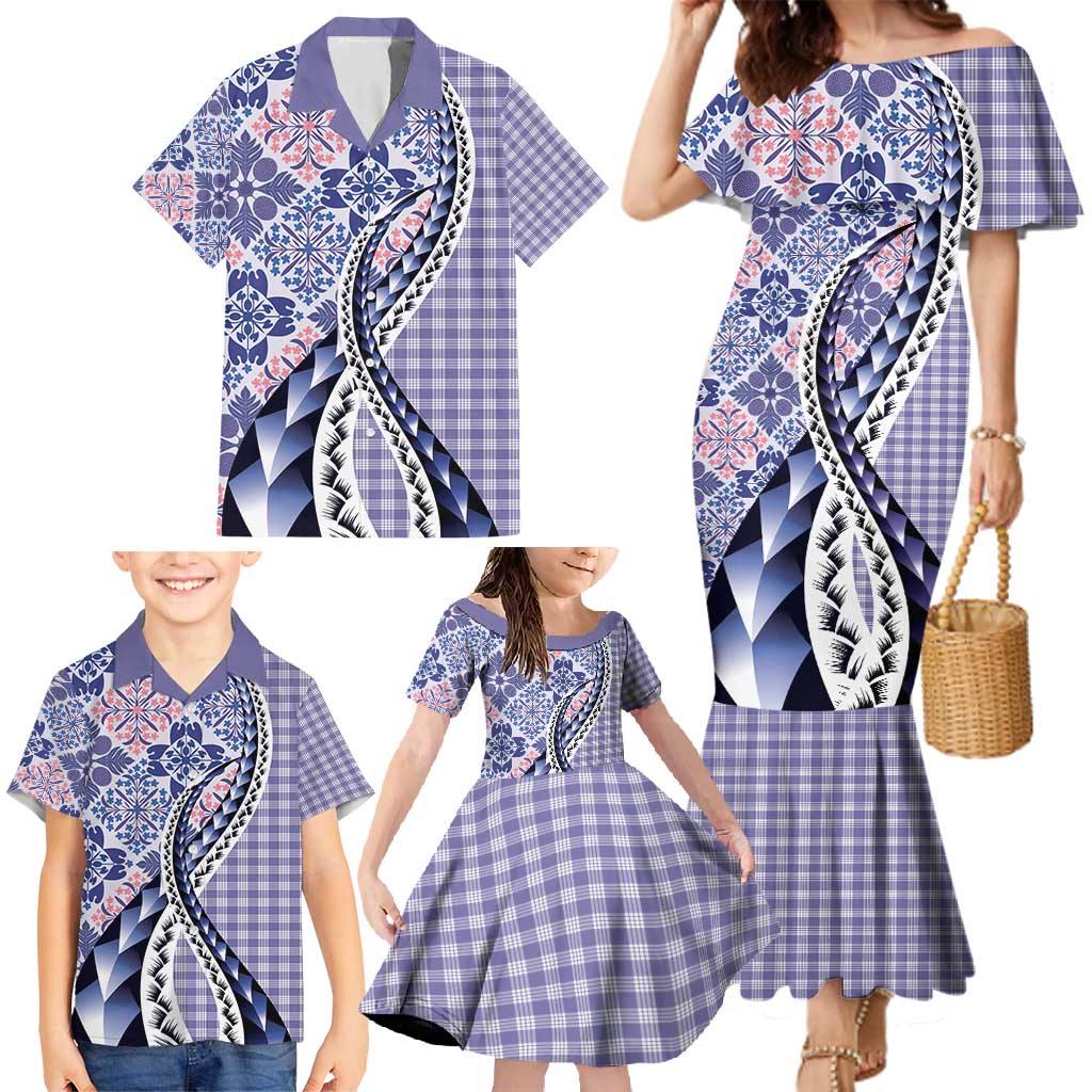 Aloha Vintage Palaka Floral Hawaiian Quilt Family Matching Mermaid Dress and Hawaiian Shirt Poni Motif - Polynesian Pride