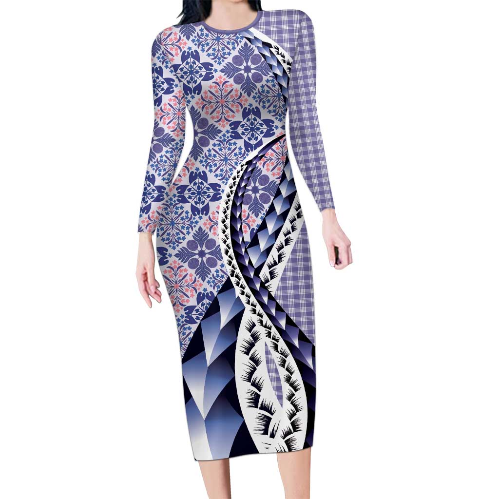 Aloha Vintage Palaka Floral Hawaiian Quilt Long Sleeve Bodycon Dress Poni Motif - Polynesian Pride