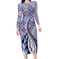 Aloha Vintage Palaka Floral Hawaiian Quilt Long Sleeve Bodycon Dress Poni Motif - Polynesian Pride