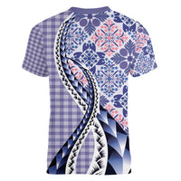 Aloha Vintage Palaka Floral Hawaiian Quilt Women V-Neck T-Shirt Poni Motif - Polynesian Pride
