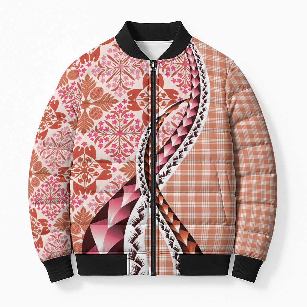 Aloha Vintage Palaka Floral Hawaiian Quilt Bomber Puffer Jacket Ulaula Motif - Polynesian Pride