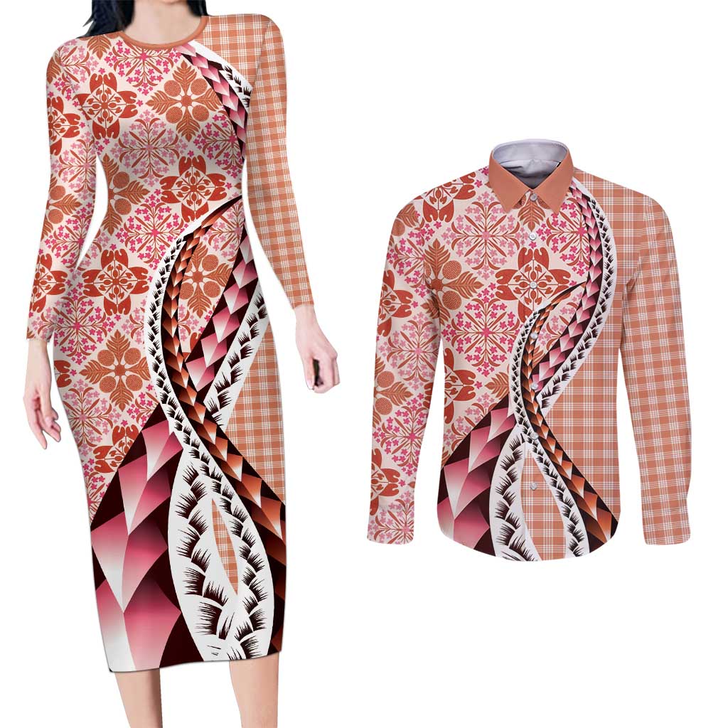 Aloha Vintage Palaka Floral Hawaiian Quilt Couples Matching Long Sleeve Bodycon Dress and Long Sleeve Button Shirt Ulaula Motif - Polynesian Pride