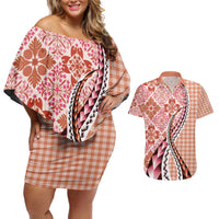 Aloha Vintage Palaka Floral Hawaiian Quilt Couples Matching Off Shoulder Short Dress and Hawaiian Shirt Ulaula Motif - Polynesian Pride