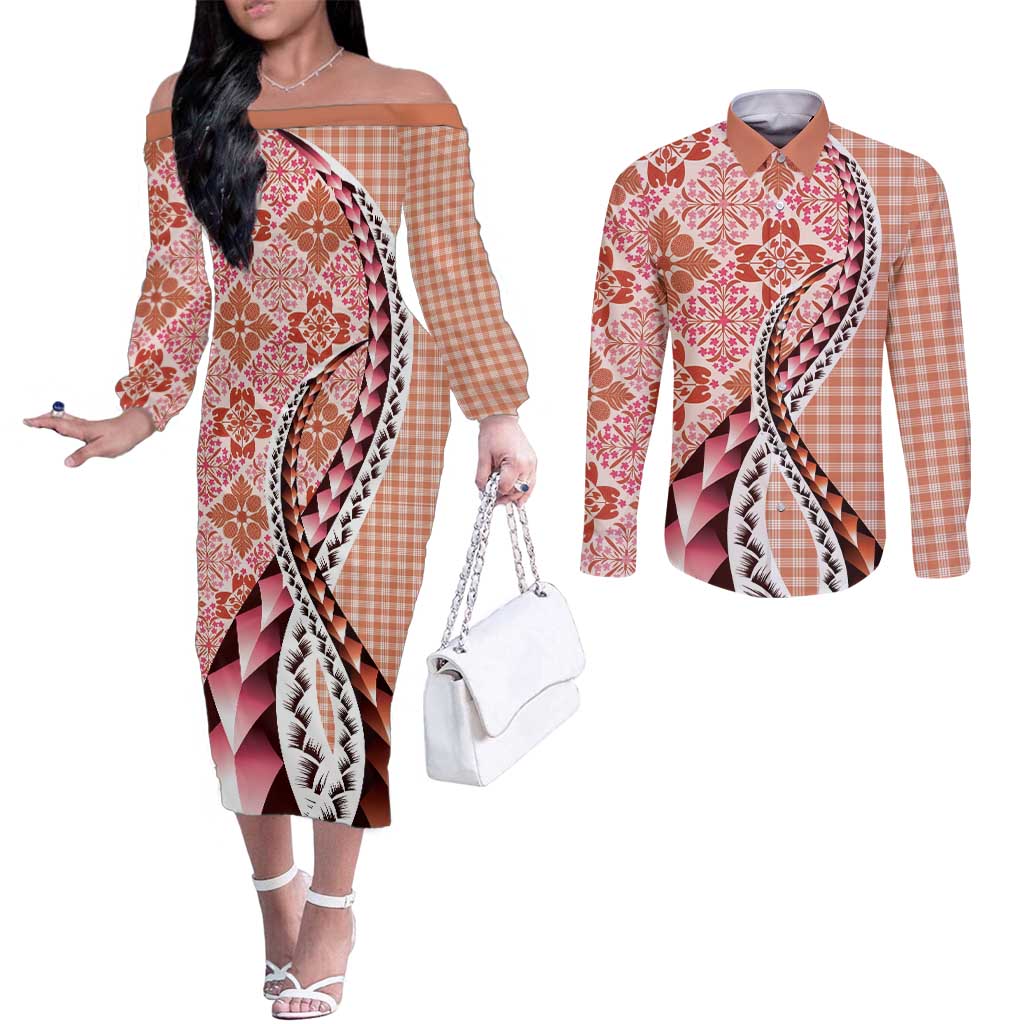 Aloha Vintage Palaka Floral Hawaiian Quilt Couples Matching Off The Shoulder Long Sleeve Dress and Long Sleeve Button Shirt Ulaula Motif - Polynesian Pride