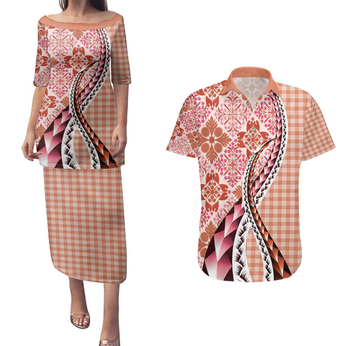 Aloha Vintage Palaka Floral Hawaiian Quilt Couples Matching Puletasi and Hawaiian Shirt Ulaula Motif - Polynesian Pride