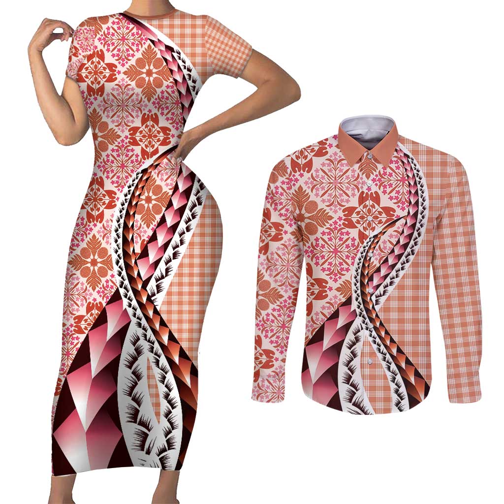 Aloha Vintage Palaka Floral Hawaiian Quilt Couples Matching Short Sleeve Bodycon Dress and Long Sleeve Button Shirt Ulaula Motif - Polynesian Pride