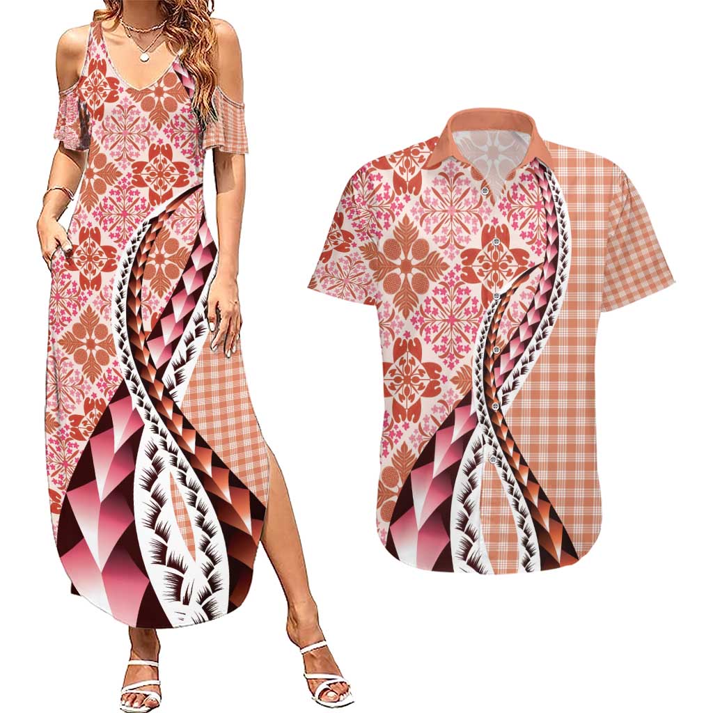 Aloha Vintage Palaka Floral Hawaiian Quilt Couples Matching Summer Maxi Dress and Hawaiian Shirt Ulaula Motif - Polynesian Pride
