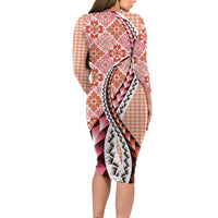 Aloha Vintage Palaka Floral Hawaiian Quilt Family Matching Long Sleeve Bodycon Dress and Hawaiian Shirt Ulaula Motif - Polynesian Pride