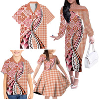 Aloha Vintage Palaka Floral Hawaiian Quilt Family Matching Off The Shoulder Long Sleeve Dress and Hawaiian Shirt Ulaula Motif - Polynesian Pride