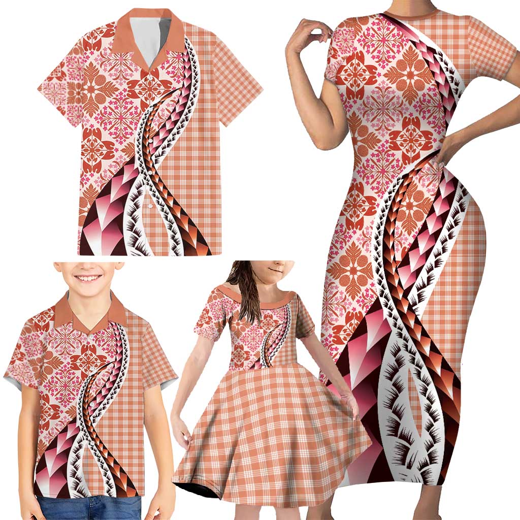 Aloha Vintage Palaka Floral Hawaiian Quilt Family Matching Short Sleeve Bodycon Dress and Hawaiian Shirt Ulaula Motif - Polynesian Pride