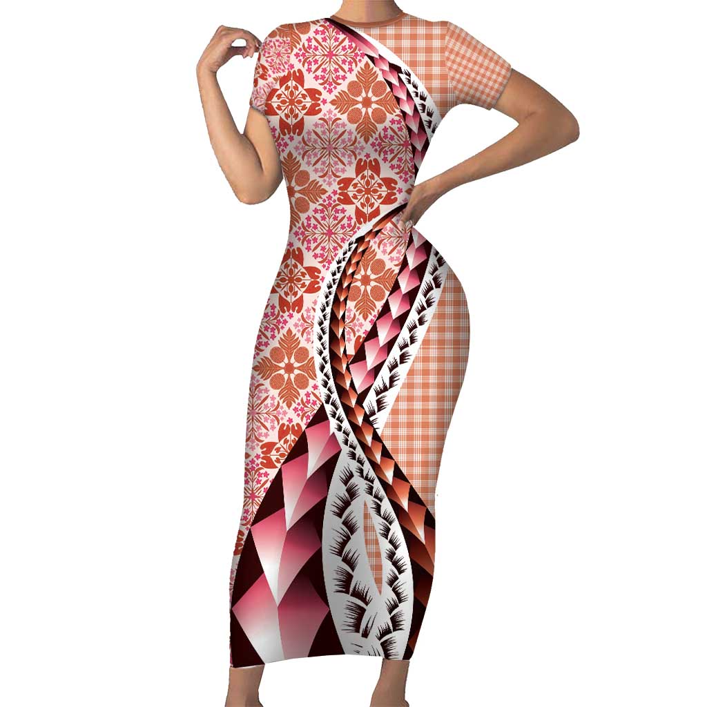 Aloha Vintage Palaka Floral Hawaiian Quilt Short Sleeve Bodycon Dress Ulaula Motif - Polynesian Pride