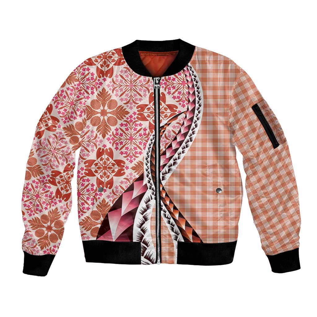 Aloha Vintage Palaka Floral Hawaiian Quilt Sleeve Zip Bomber Jacket Ulaula Motif - Polynesian Pride