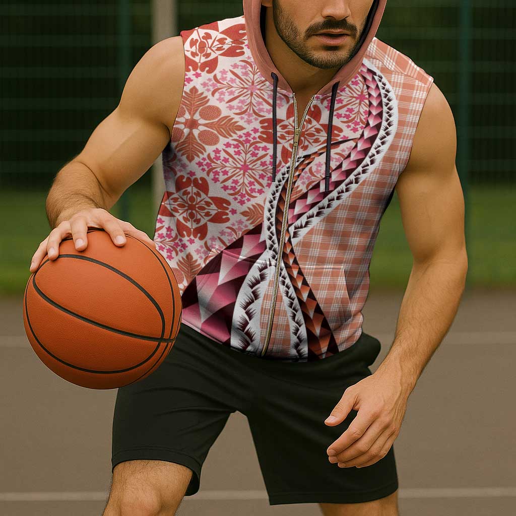 Aloha Vintage Palaka Floral Hawaiian Quilt Sleeveless Zip Hoodie Ulaula Motif - Polynesian Pride