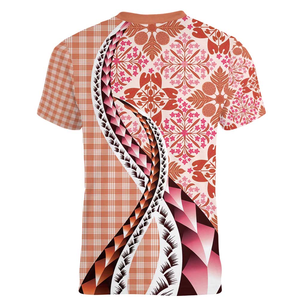 Aloha Vintage Palaka Floral Hawaiian Quilt Women V-Neck T-Shirt Ulaula Motif - Polynesian Pride