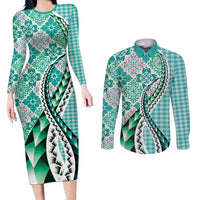 Aloha Vintage Palaka Floral Hawaiian Quilt Couples Matching Long Sleeve Bodycon Dress and Long Sleeve Button Shirt Polu Motif - Polynesian Pride