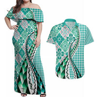 Aloha Vintage Palaka Floral Hawaiian Quilt Couples Matching Off Shoulder Maxi Dress and Hawaiian Shirt Polu Motif - Polynesian Pride