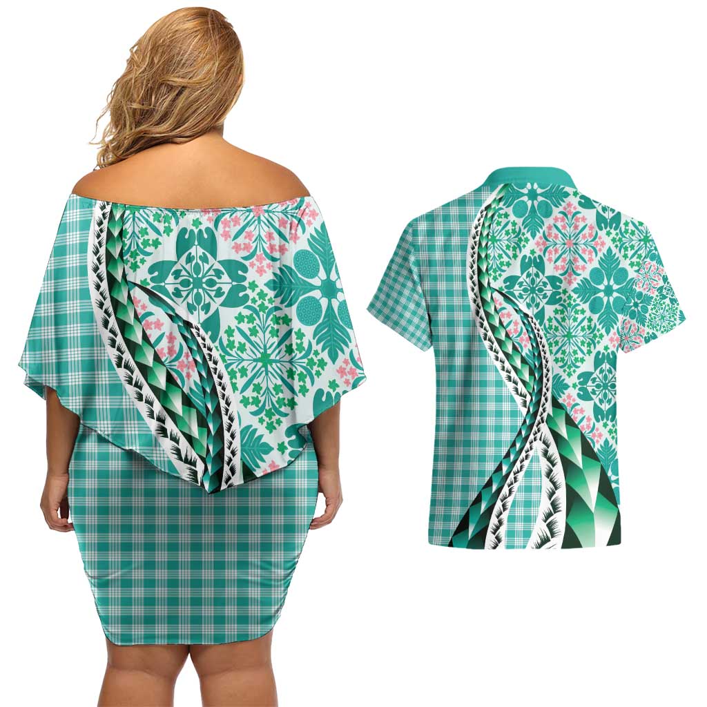 Aloha Vintage Palaka Floral Hawaiian Quilt Couples Matching Off Shoulder Short Dress and Hawaiian Shirt Polu Motif - Polynesian Pride