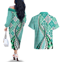 Aloha Vintage Palaka Floral Hawaiian Quilt Couples Matching Off The Shoulder Long Sleeve Dress and Hawaiian Shirt Polu Motif - Polynesian Pride