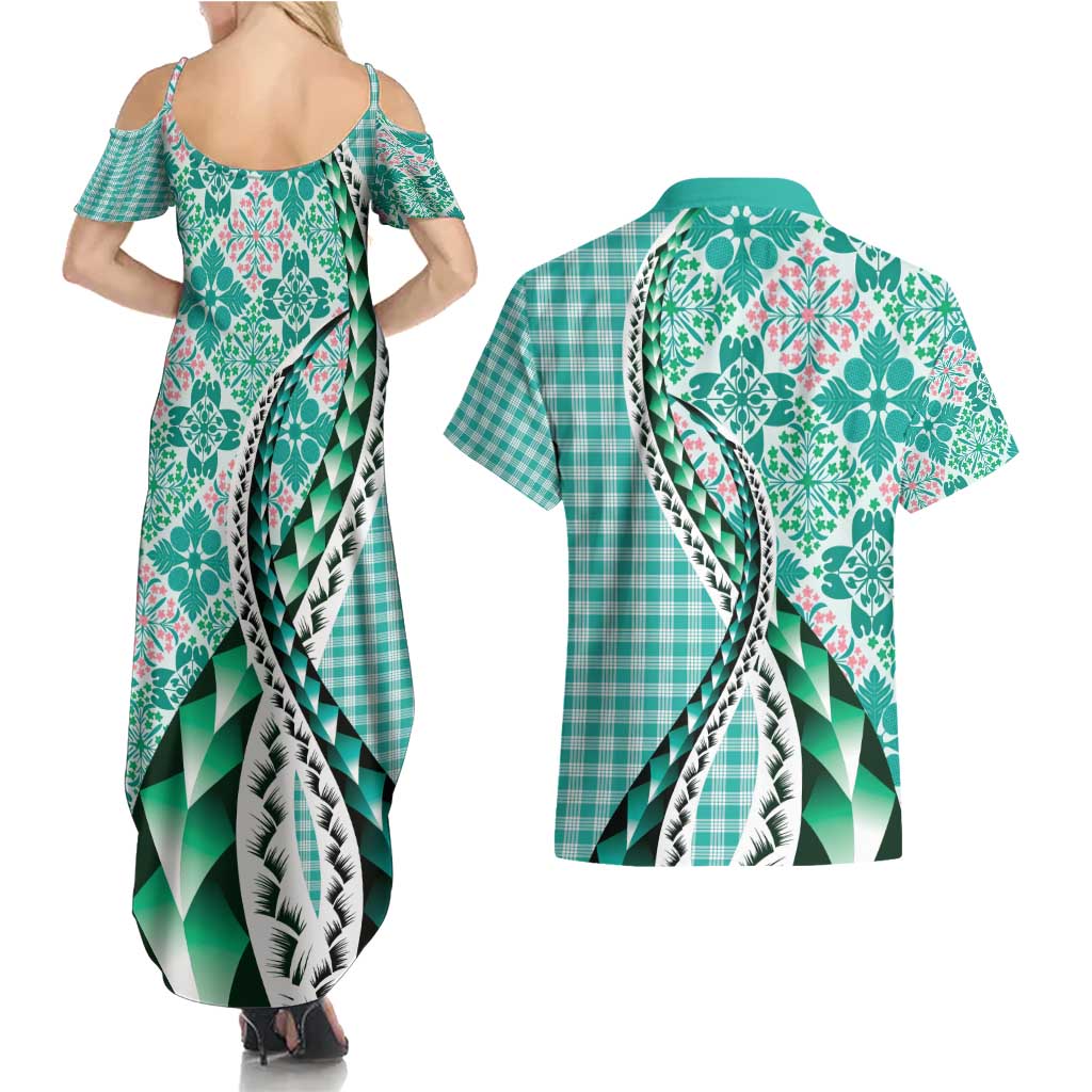 Aloha Vintage Palaka Floral Hawaiian Quilt Couples Matching Summer Maxi Dress and Hawaiian Shirt Polu Motif - Polynesian Pride