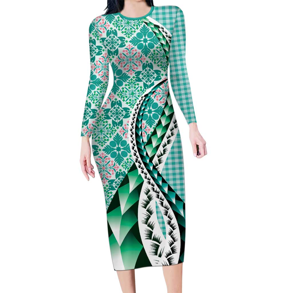 Aloha Vintage Palaka Floral Hawaiian Quilt Family Matching Long Sleeve Bodycon Dress and Hawaiian Shirt Polu Motif - Polynesian Pride