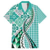 Aloha Vintage Palaka Floral Hawaiian Quilt Family Matching Off The Shoulder Long Sleeve Dress and Hawaiian Shirt Polu Motif - Polynesian Pride