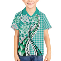 Aloha Vintage Palaka Floral Hawaiian Quilt Family Matching Off The Shoulder Long Sleeve Dress and Hawaiian Shirt Polu Motif - Polynesian Pride